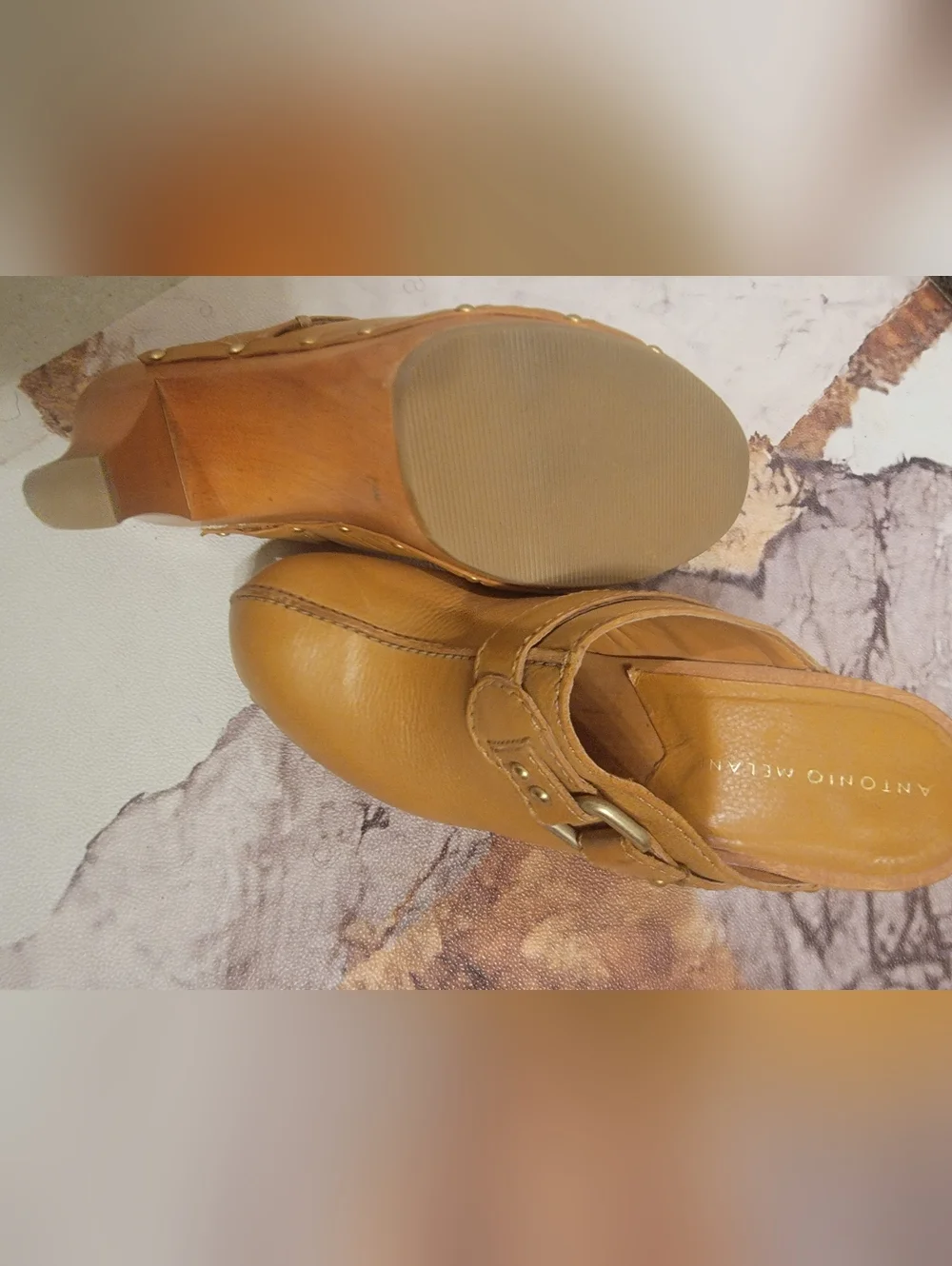 ANTONIO MELANI Tan Leather Heeled Clog Mules with Stud and Buckle - Picture 3 of 3